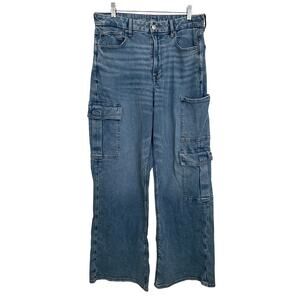 American Eagle Blue Curvy Super High Rise Baggy Wide Leg Cargo Utility Denim 12